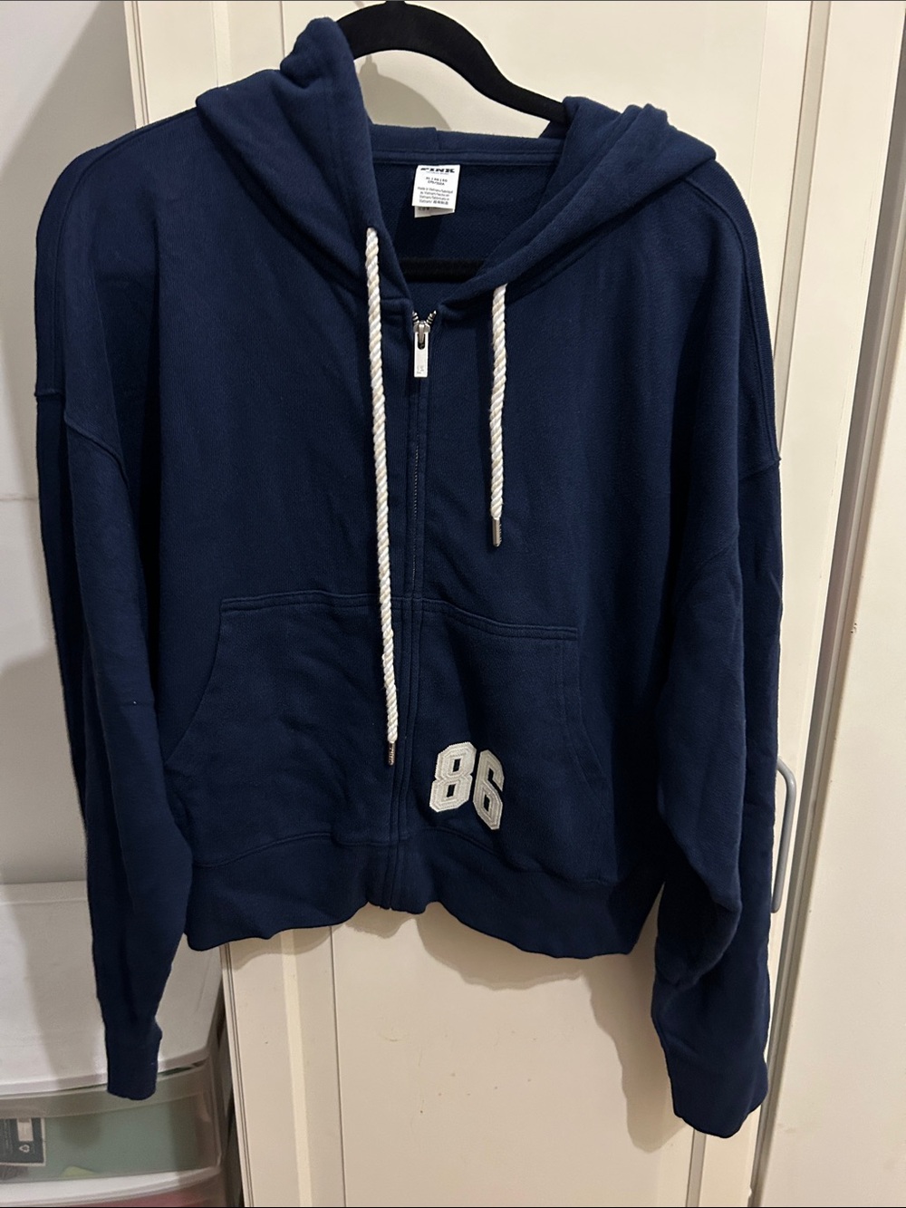 PINK Victoria's Secret Navy Zip-Up Hoodie with White Drawstrings